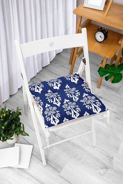 Realhomes Navy Blue Floor White Damask Design Fluffy Chair Cushion