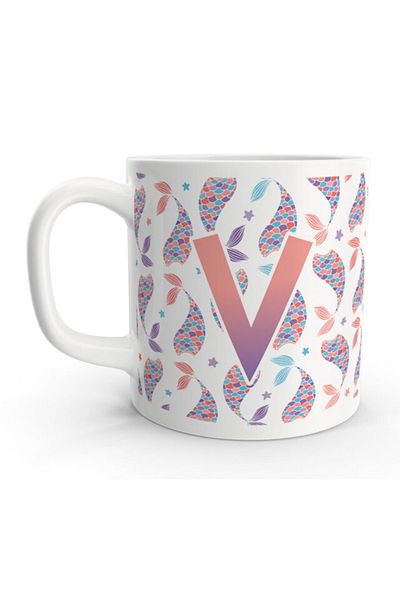 Rock'n Fox V Letter Mermaid Colorful Design Letter Mug