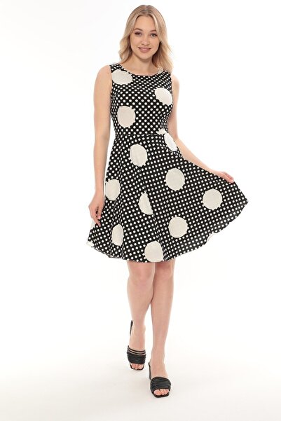 MODAPO Kadın Sıfır Kol Puantiyeli Midi Elbise