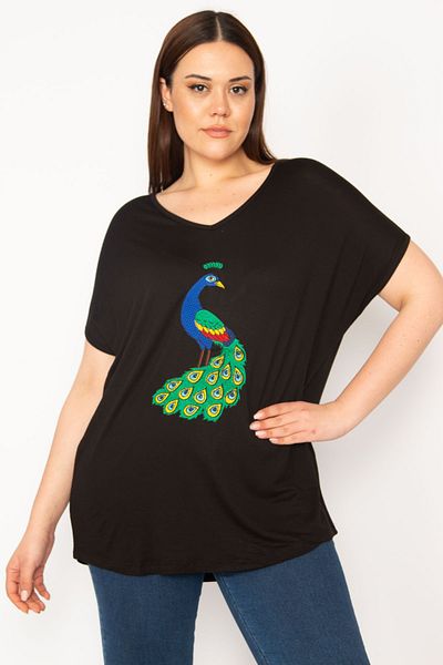 Şans Women's Large Size Black Embroidery Detailed V-Neck Low Sleeve Blouse 65n22733