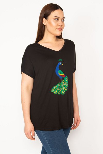 Şans Women's Large Size Black Embroidery Detailed V-Neck Low Sleeve Blouse 65n22733