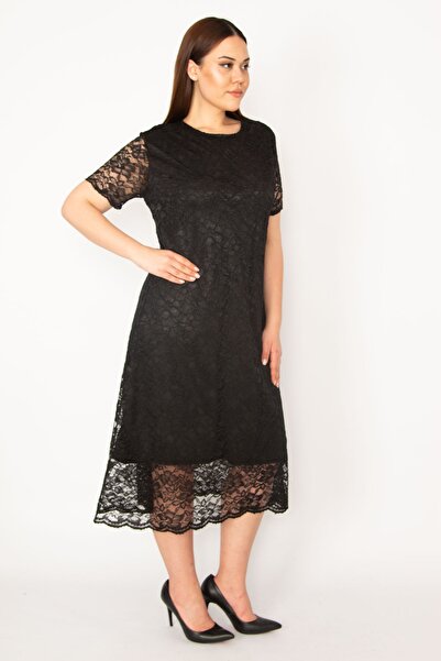 Şans Női nagyméretű fekete bélelt csipke estélyi ruha 65n32903