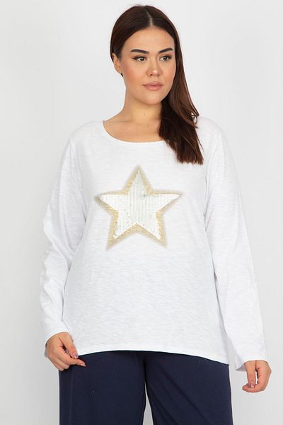 Şans Women's Plus Size Bone Cotton Fabric Blouse with Sequin and Print Detail 65n32940