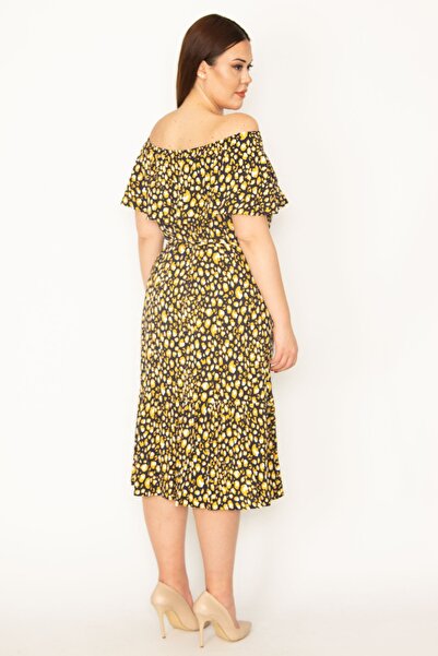 Şans Γυναικείο φόρεμα από υφαντό ύφασμα από βισκόζη, πολύχρωμο γιακά μεγάλου μεγέθους, ελαστικό και φούστα με λεπτομέρεια