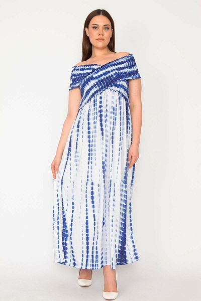 Şans Women's Plus Size Saxe Tie-Dye Pattern Chest Part Gipe Elastic Side Slit Dress 65n32911