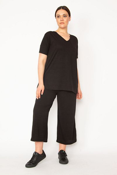 Şans Women's Black Camisole Knitted Elastic Waist Wide Leg Trousers V-Neck Blouse Suit 65N32939