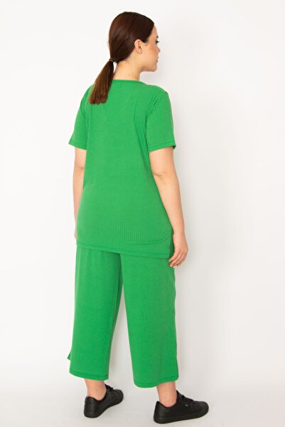 Şans Women's Green Camisole Knitted Elastic Waist Wide Leg Trousers V-Neck Blouse Suit 65N32939