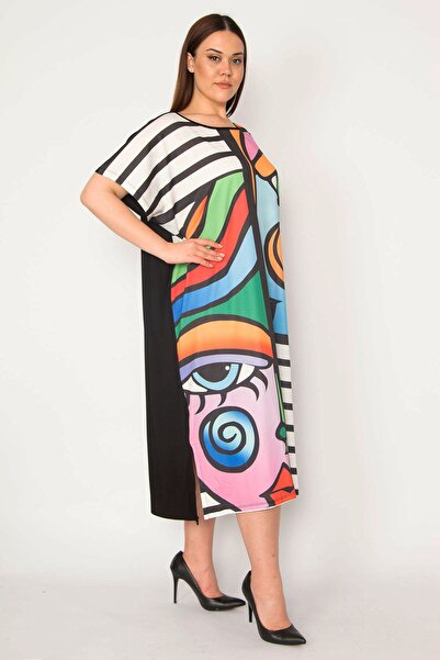 Şans Women's Plus Size Black Digital Printed Long Color Dress with Side Pockets 65n32906