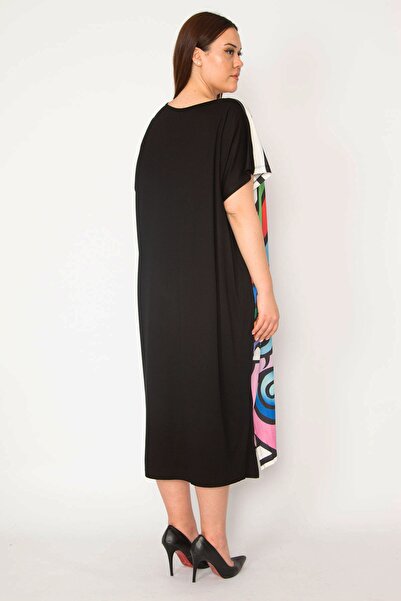Şans Women's Plus Size Black Digital Printed Long Color Dress with Side Pockets 65n32906