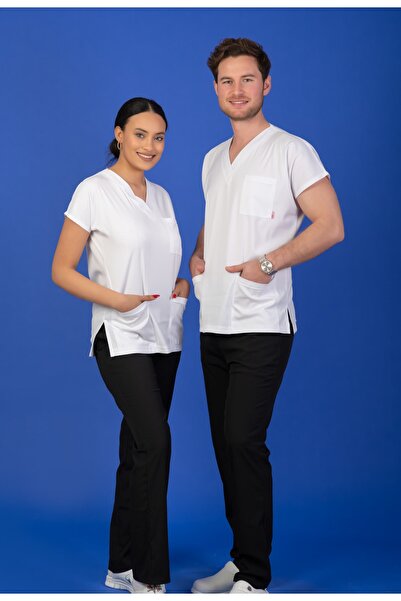 BAŞARAN UNİFORMA Unisex Kalıp Üst Beyaz / Alt Siyah Likralı Hemşire / Doktor ...