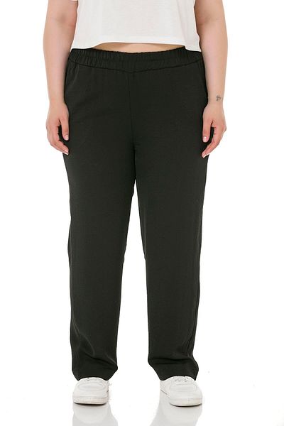 DISENTIS MODEST Large Size Linen Aerobin Black Trousers with Elastic Waist Pockets