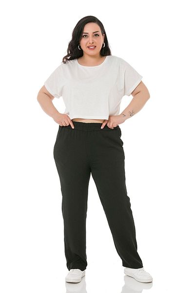 DISENTIS MODEST Large Size Linen Aerobin Black Trousers with Elastic Waist Pockets