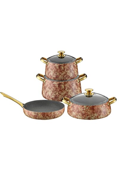 Brioni Flora 7 Parça Fransız Granit Tencere Seti Pembe