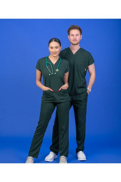 Genel Markalar Tek Üst Unisex Kalıp Koyu Yeşil Likralı Hemşire / Doktor Forma...