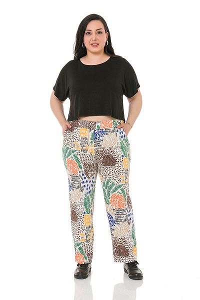 DISENTIS MODEST Large Size Patterned Woven Viscose White Trousers with Elastic Waist Pockets