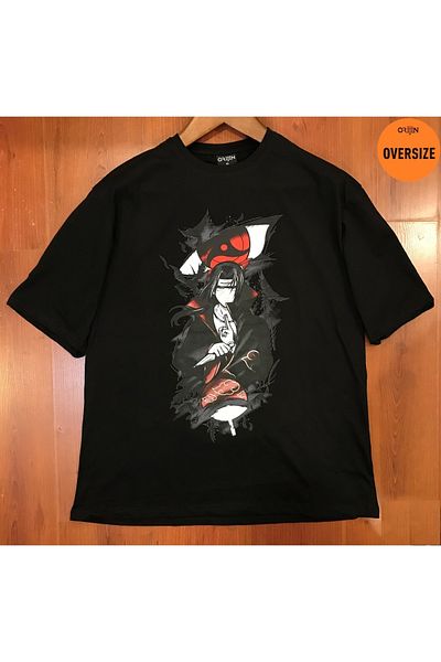 Orijin Tekstil Naruto Akatsuki Itachi Uchiha Crows Printed Oversize Black Tshirt