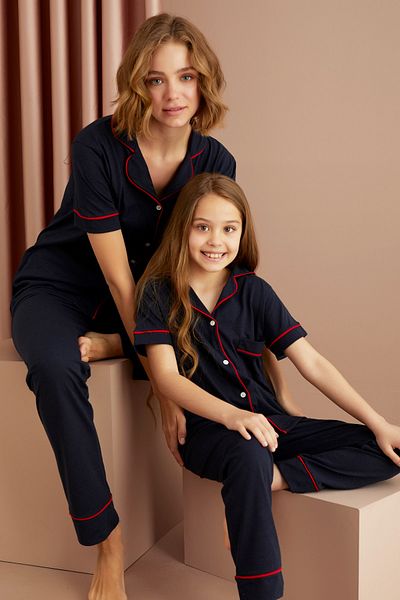 Siyah İnci Navy Blue Red Cotton Buttoned Pocketed Short Sleeve Pajama Set