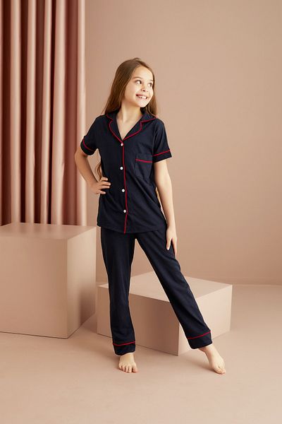 Siyah İnci Navy Blue Red Cotton Buttoned Pocketed Short Sleeve Pajama Set