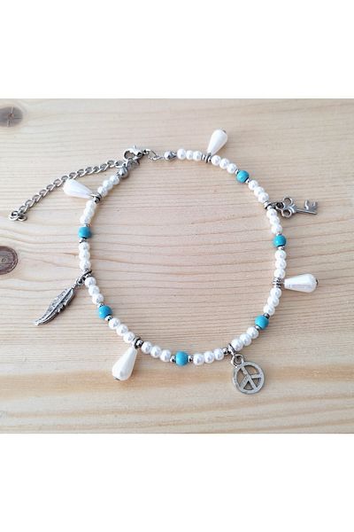 HALHALMILL Silver Colored Dangle Anklet with Blue Beaded Pearls
