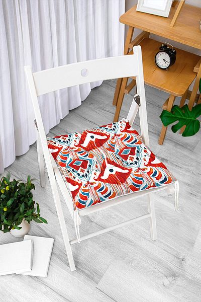 Realhomes Modern Fluffy Chair Cushion with Red Colored Damask Design