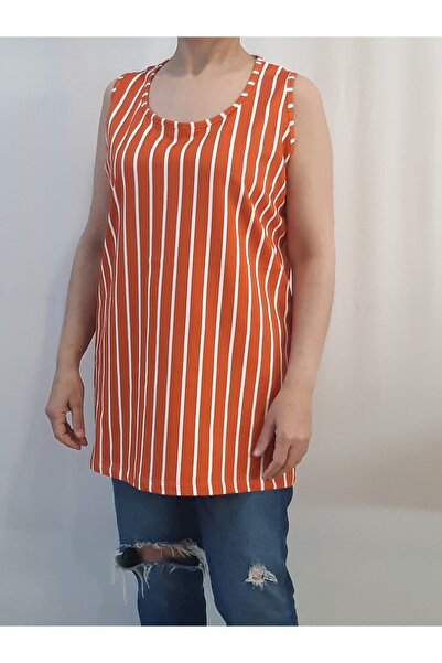 Mertcan Butik Orange and White Striped Strap Combed Cotton Viscose T-Shirt