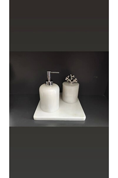 Polen Stone Set de baie din marmură albă, 3 piese, cu accesorii argintii și c...