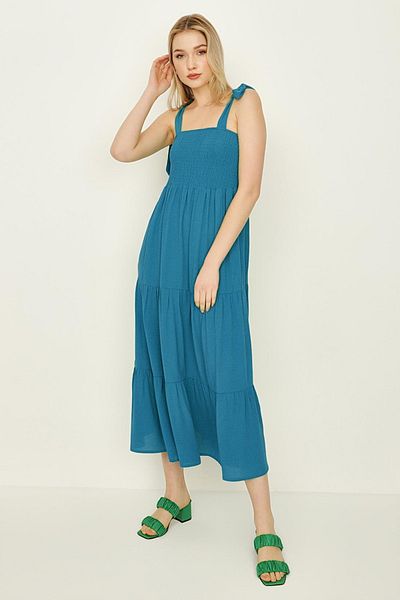 Select Moda Rochie de damă albastră cu bretele cu frânghie, cu detaliu Gipe, cu croiala relaxată