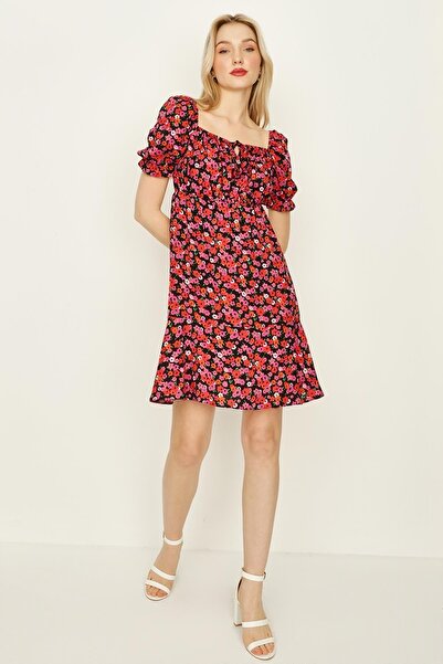 Select Moda Γυναικείο Μίνι Φόρεμα με Κόκκινο Λουλούδι με Πεντάγωνο Γιακά Μπαλόνι μανίκι