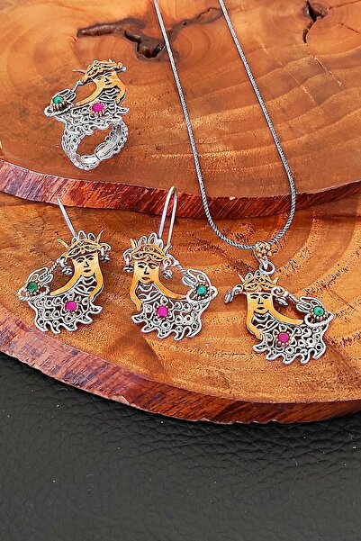 Aykat Telkari Otantik Şahmeran Gümüş Takım Yüzük Küpe Kolye Seti Set-440