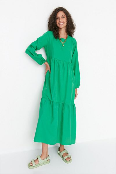Trendyol Modest Green Gather részletes pamut, széles szabású szőtt ruha TCTSS21EL3406