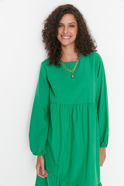 Trendyol Modest Green Gather Detailed Cotton Wide Fit tkané šaty TCTSS21EL3406