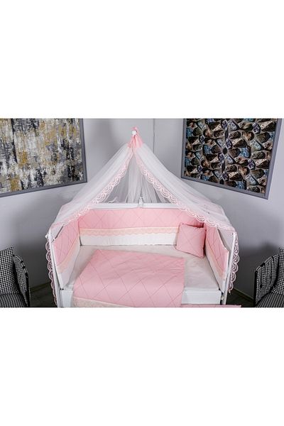 Mini Baby Pink Ribbed Baby Sleeping Set - 10 Pieces, Size 60x120, Mosquito Net and Apparatus