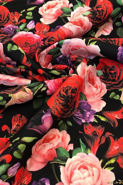 SUZANİ Pembe-kırmızı Gül Desenli Dijital Baskılı Kumaş Kms-1410