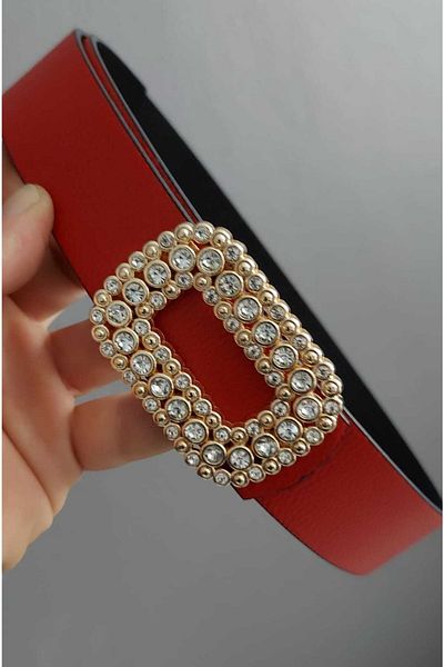 Kemerix Women's Double-Sided Red-black Belt with Stone Gold Buckle