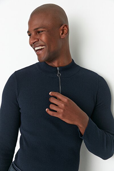 Trendyol Collection Темно-синій пуловер з тонкої бавовняної напівводолазки на блискавці TMNAW20KZ1034