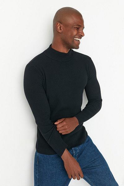 Trendyol Collection Μαύρο πλεκτό πουλόβερ Unisex - Βαμβακερό, μισό ζιβάγκο, στενή εφαρμογή TMNAW21KZ0553