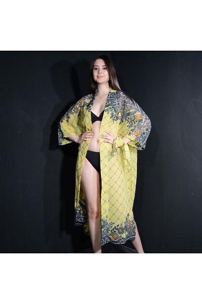 Tedz Collection Paredora Yellow Black Lace Patterned Kimono Pareo