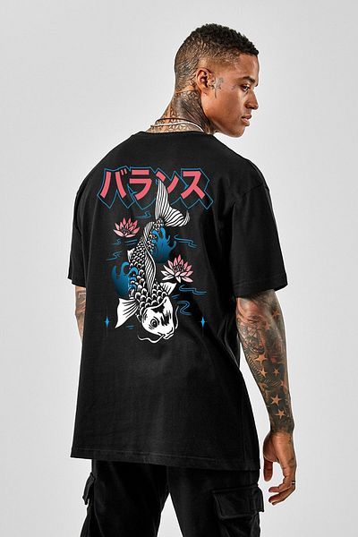 DEEPSENCE Men's Oversize T-shirt Koi Fish Back Print Black