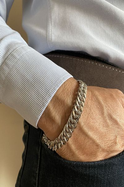 axexuar Stainless Steel Men's Thick Knitted Model Chain Bracelet Bright Silver Gray Silver 21 Cm