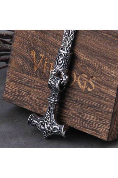 Viking Thor Scandinavian Mjollnir Othila - Men's Steel Necklace, Gray 316L, with Mesh Chain and Accessories