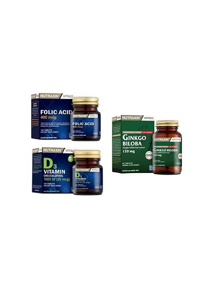 Nutraxin GinkgoBilobaand Vitamin D3 60 Tablets +FolicAcid 400Mcg100 Tablets