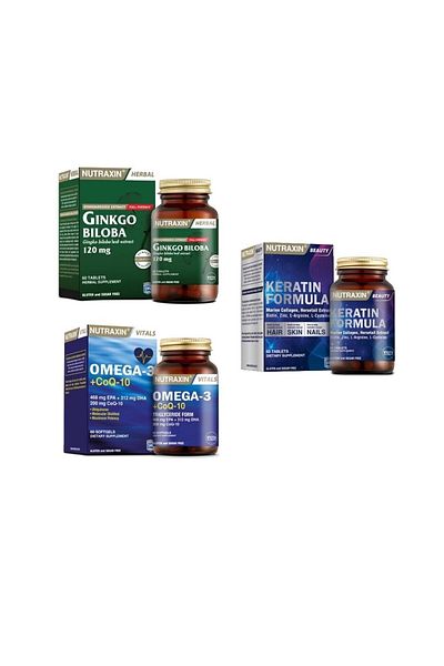Nutraxin Ginkgo Biloba and Keratin Formula - Omega 3 and Coq-10 Capsules 60S
