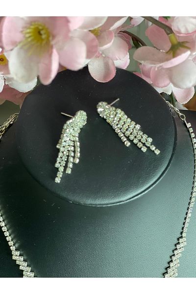 Gönülden Tasarım Zircon Stone Silver Color Necklace Earring Bridal Engagement Set Party Invitation Set