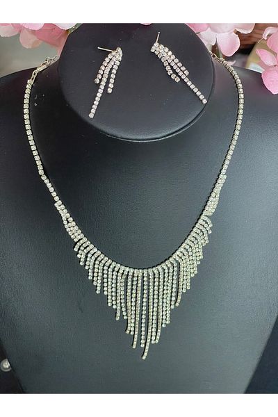 Gönülden Tasarım Zircon Stone Silver Color Necklace Earring Bridal Engagement Set Party Invitation Set