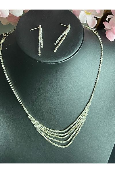 Gönülden Tasarım Zircon Stone Silver Color Necklace Earring Bridal Engagement Set Party Invitation Set