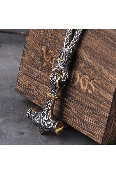 Viking Men's Steel Necklace - Thor Scandinavian Mjollnir Teiwaz Patterned Knitted Chain with Accessories