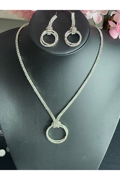 Gönülden Tasarım Zircon Stone Silver Color Necklace Earring Bridal Engagement Set Party Invitation Set