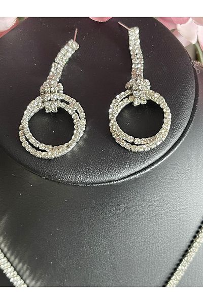 Gönülden Tasarım Zircon Stone Silver Color Necklace Earring Bridal Engagement Set Party Invitation Set
