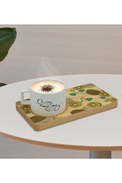 Bk Gift Kişiye Özel Kivi Tasarımlı Doğal Ahşap Tabaklı Seramik Fincan Sunum S...