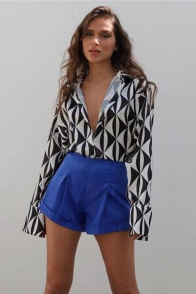 Ortaya Çık Black Patterned Oversize Satin Shirt